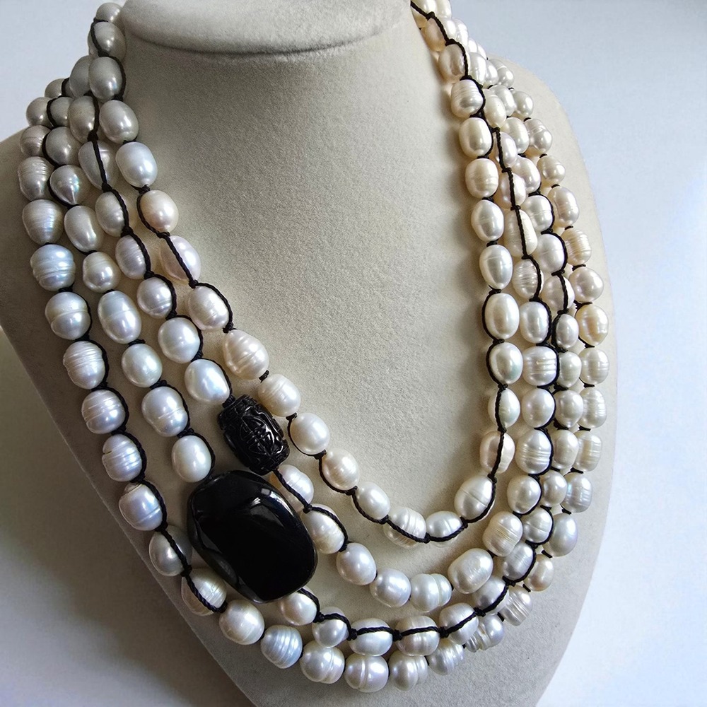 Chico's Black & Freshwater Pearl Multistrand Necklace – 4 Strands 17"